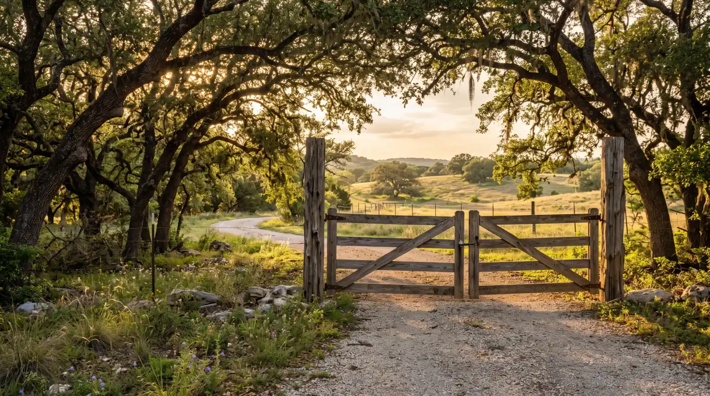 Wooden ranch gate under arching live oaks at golden hour