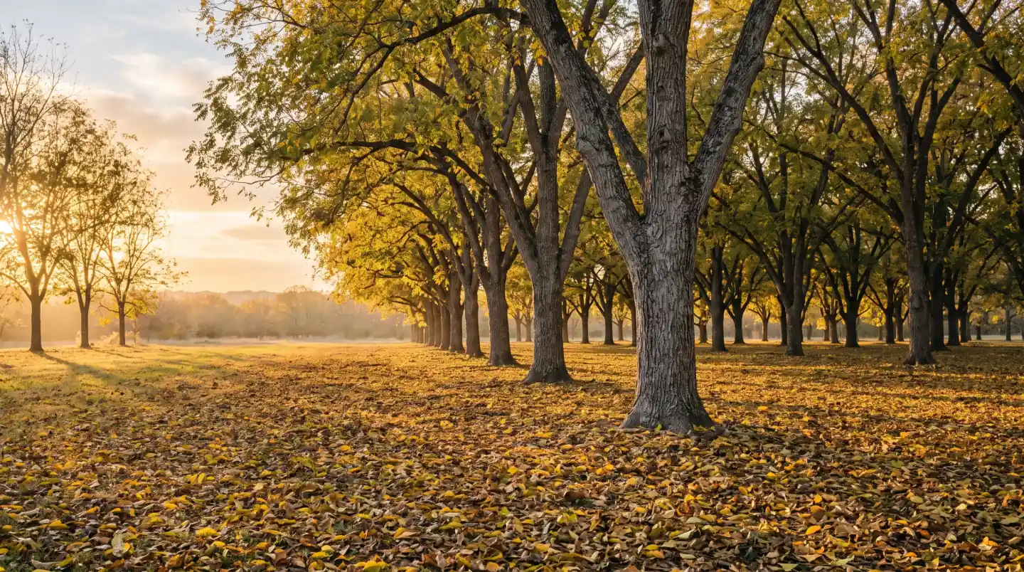 Pecan grove with fallen leaves at golden hour