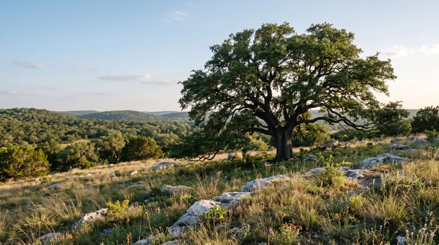 Large old oak on a rocky hillside meadow