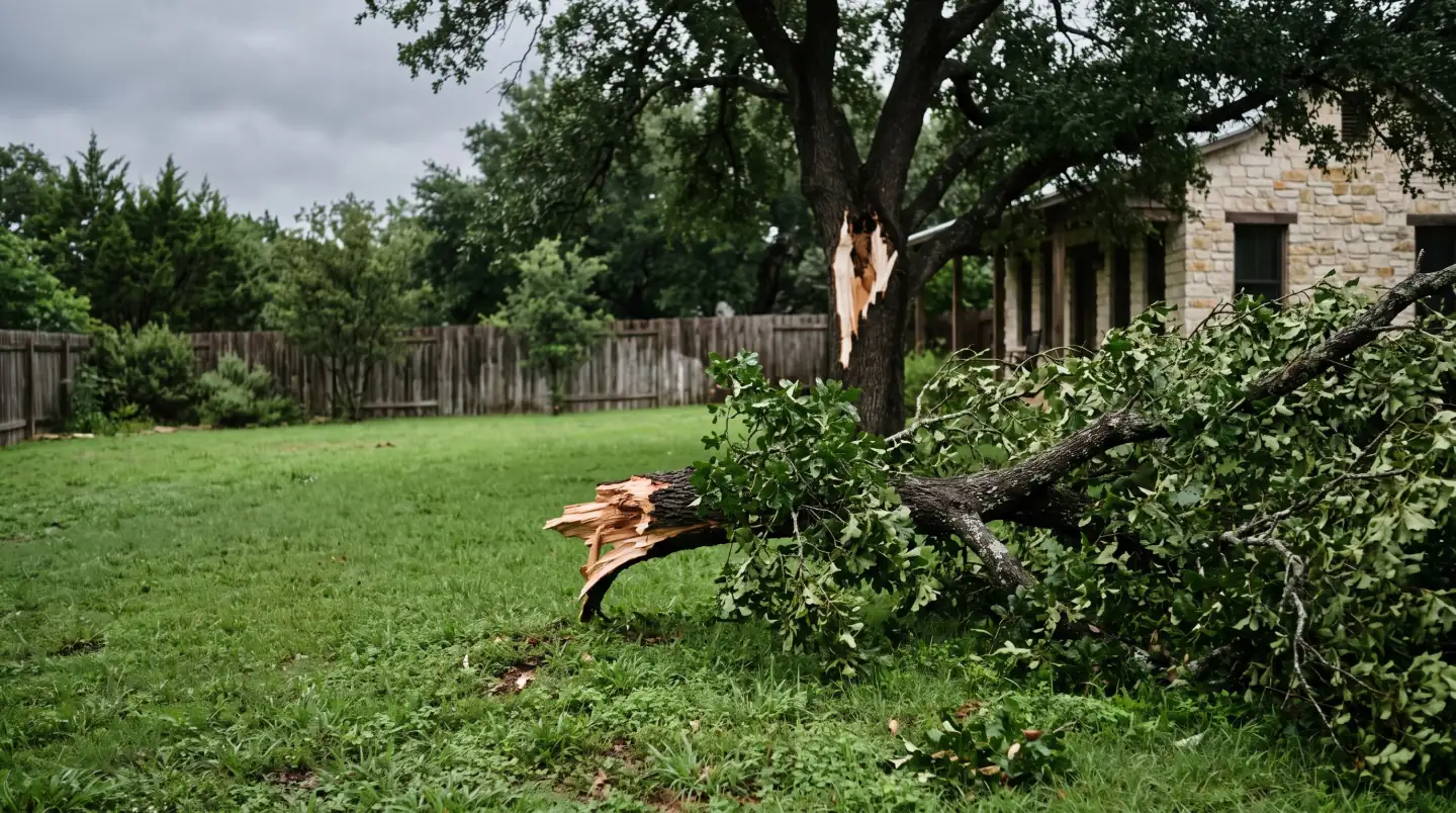 Large oak limb fallen across a backyard lawn under a grey sky
