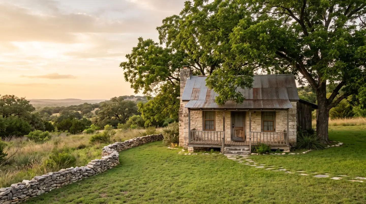 Small stone farmhouse with a tin roof under a large shade tree