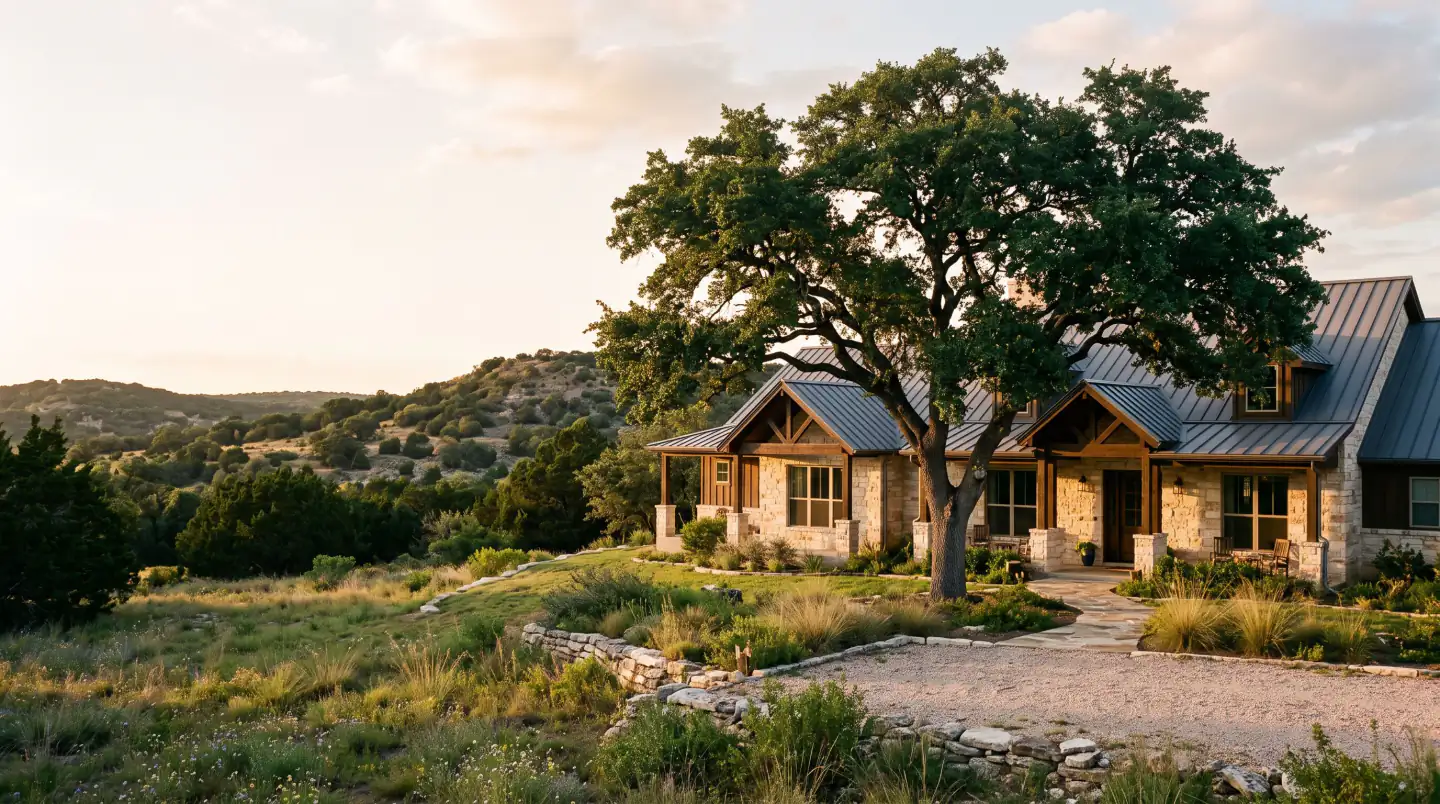 Stone house shaded by a large live oak at sunset