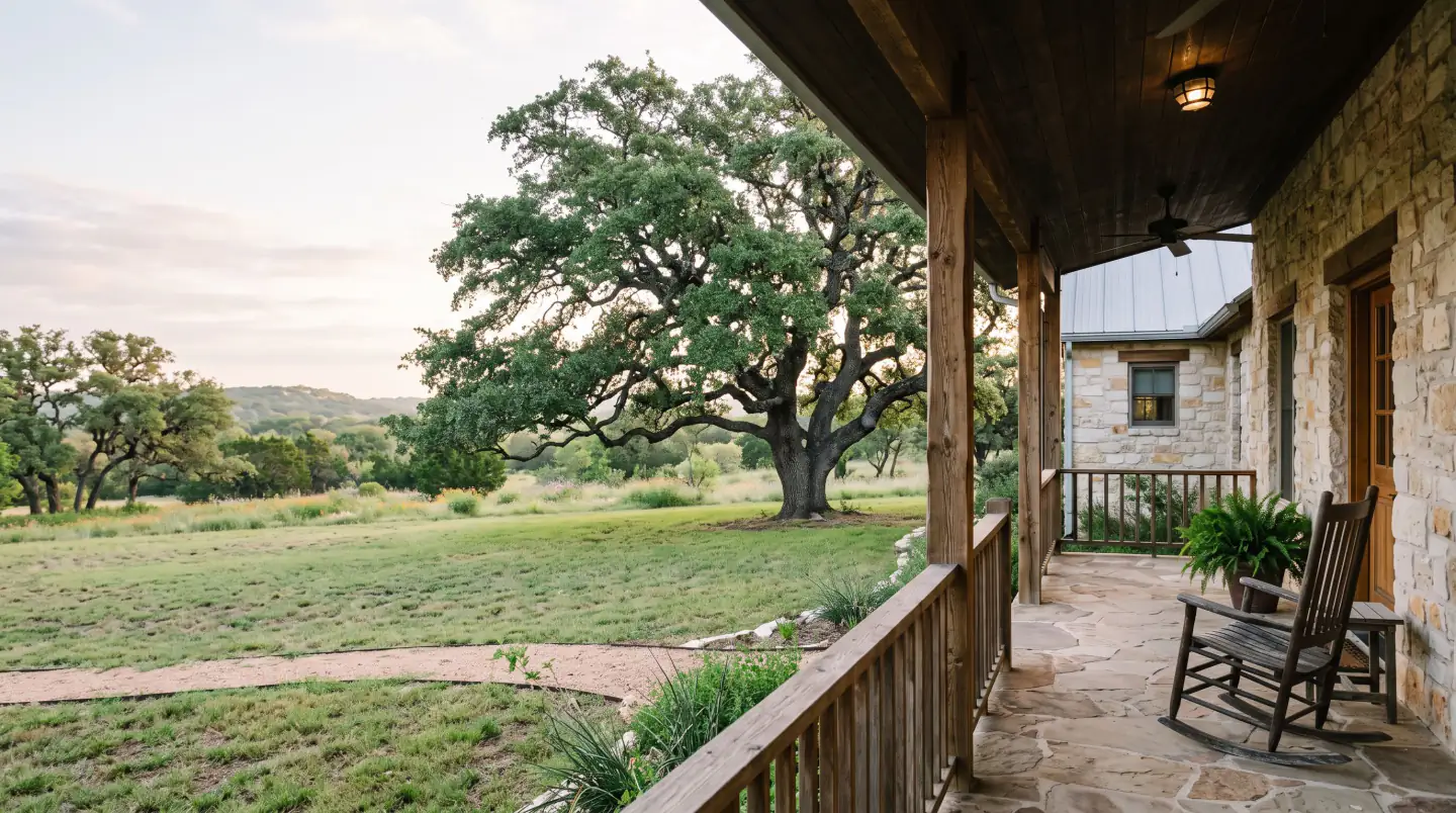 Covered stone porch looking out at a large oak