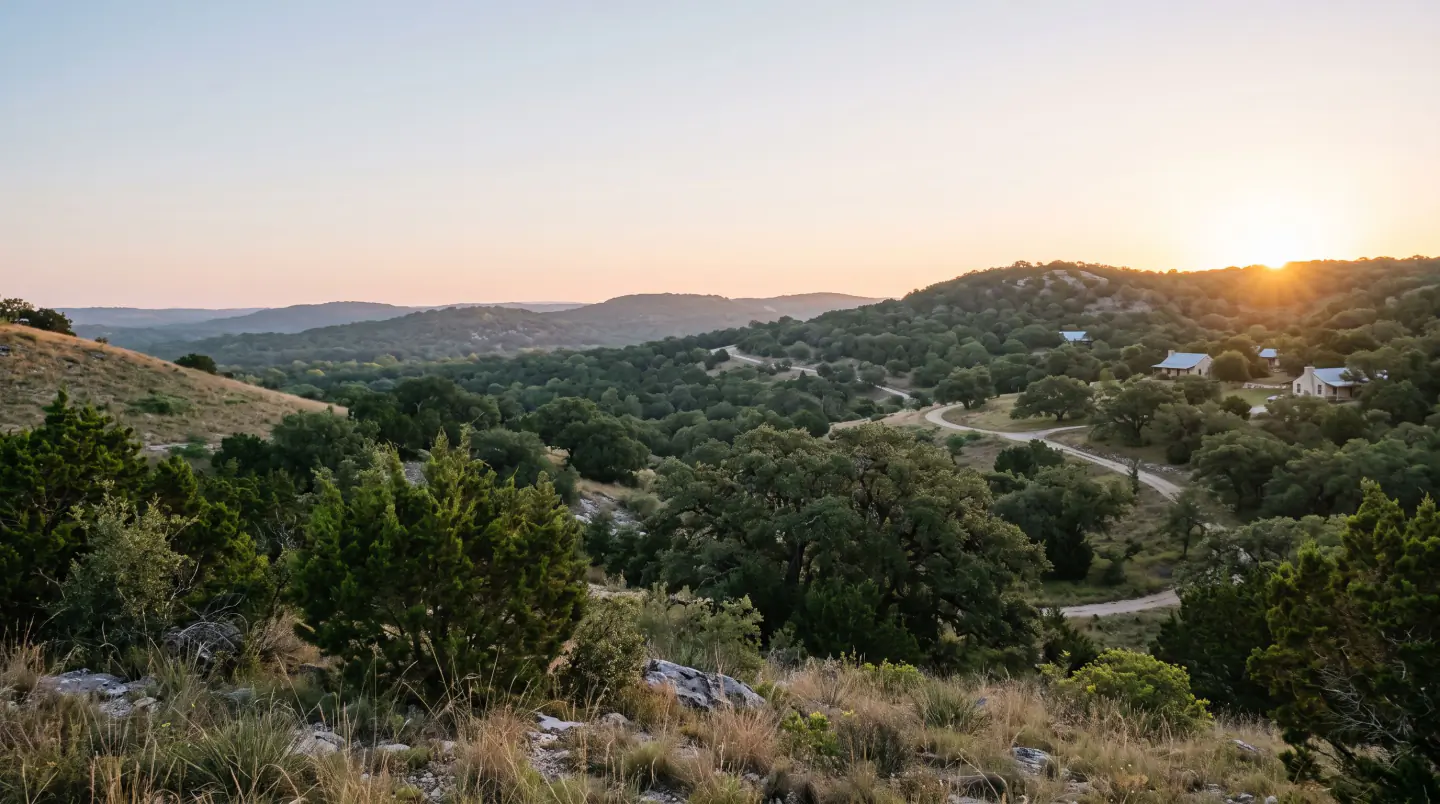 Wooded limestone hills at sunrise