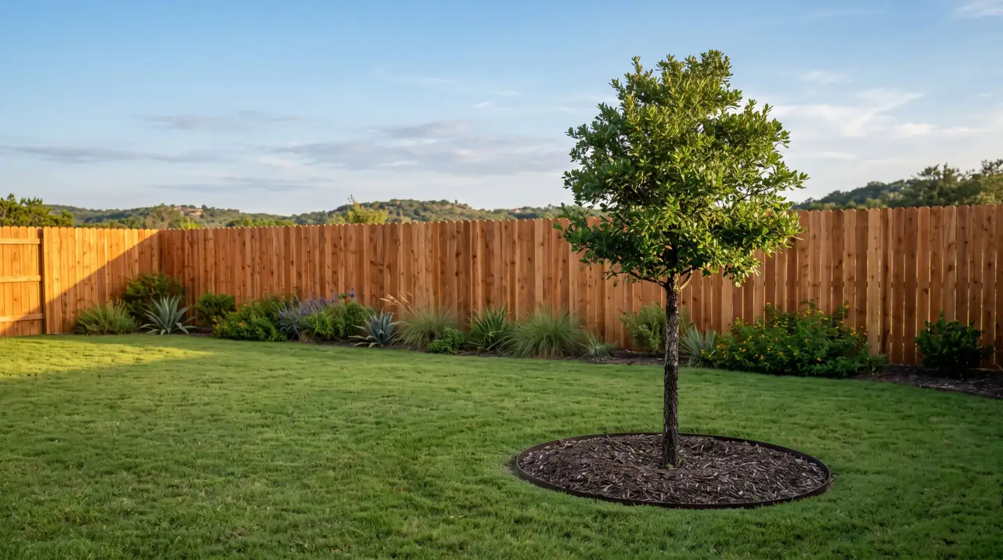 Backyard with a young live oak and a cedar fence