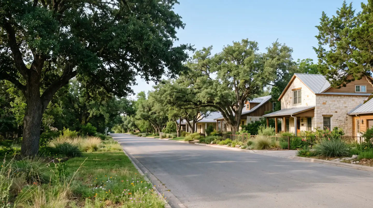 Quiet street lined with large oaks and stone houses