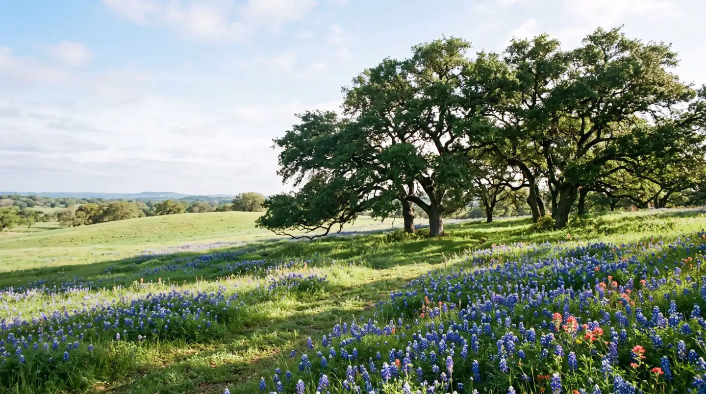 Grove of healthy live oaks above a field of bluebonnets