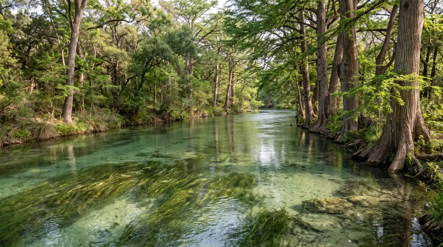 Clear spring-fed river under tall cypress trees
