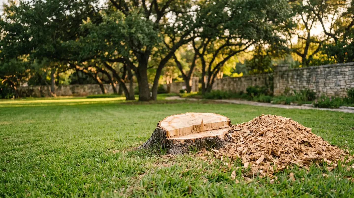 Fresh oak stump in a lawn beside a pile of wood chips