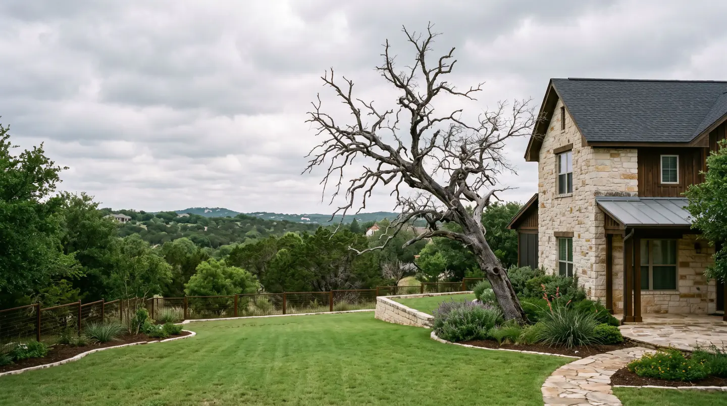 Dead tree leaning toward a stone house under a grey sky