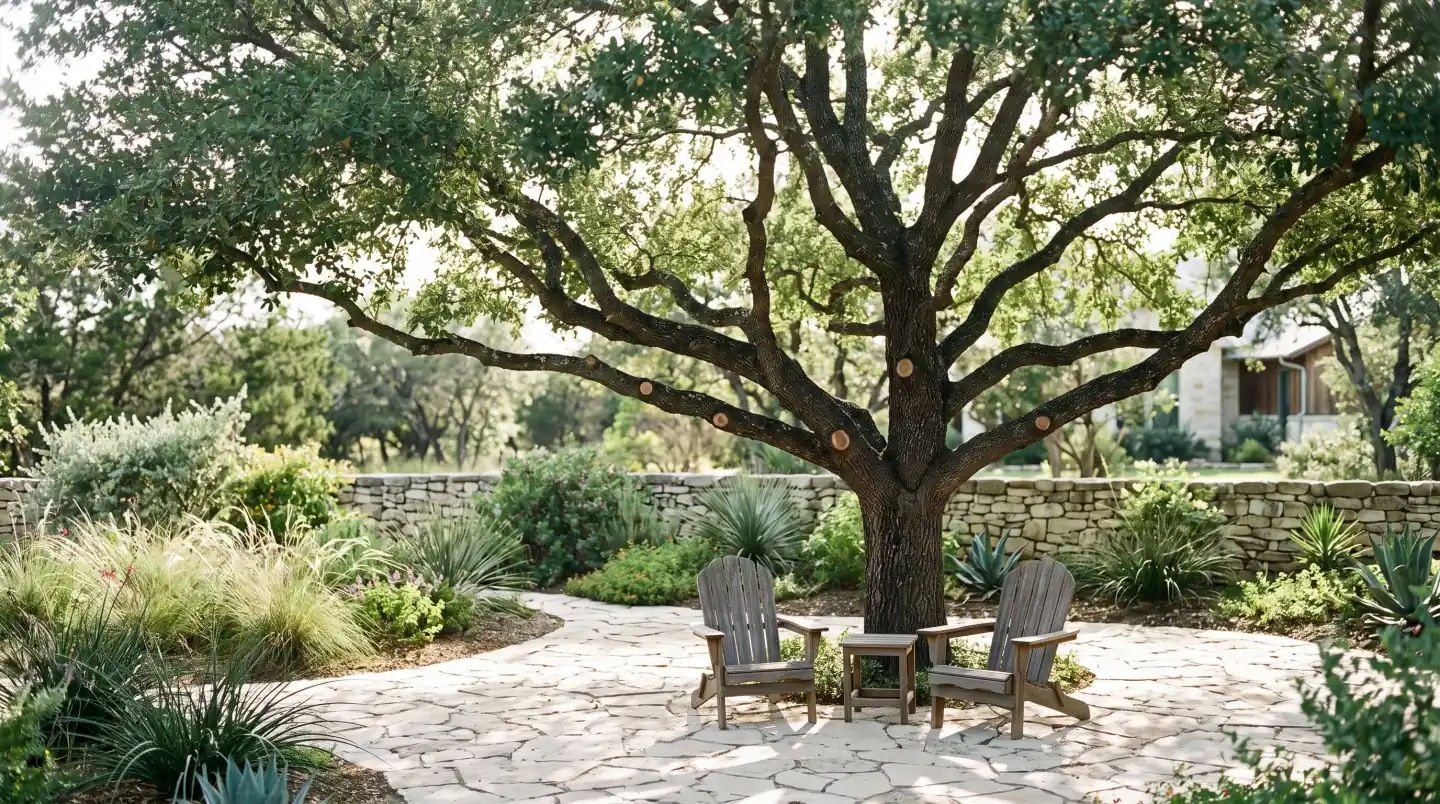 Freshly pruned live oak canopy over a limestone patio
