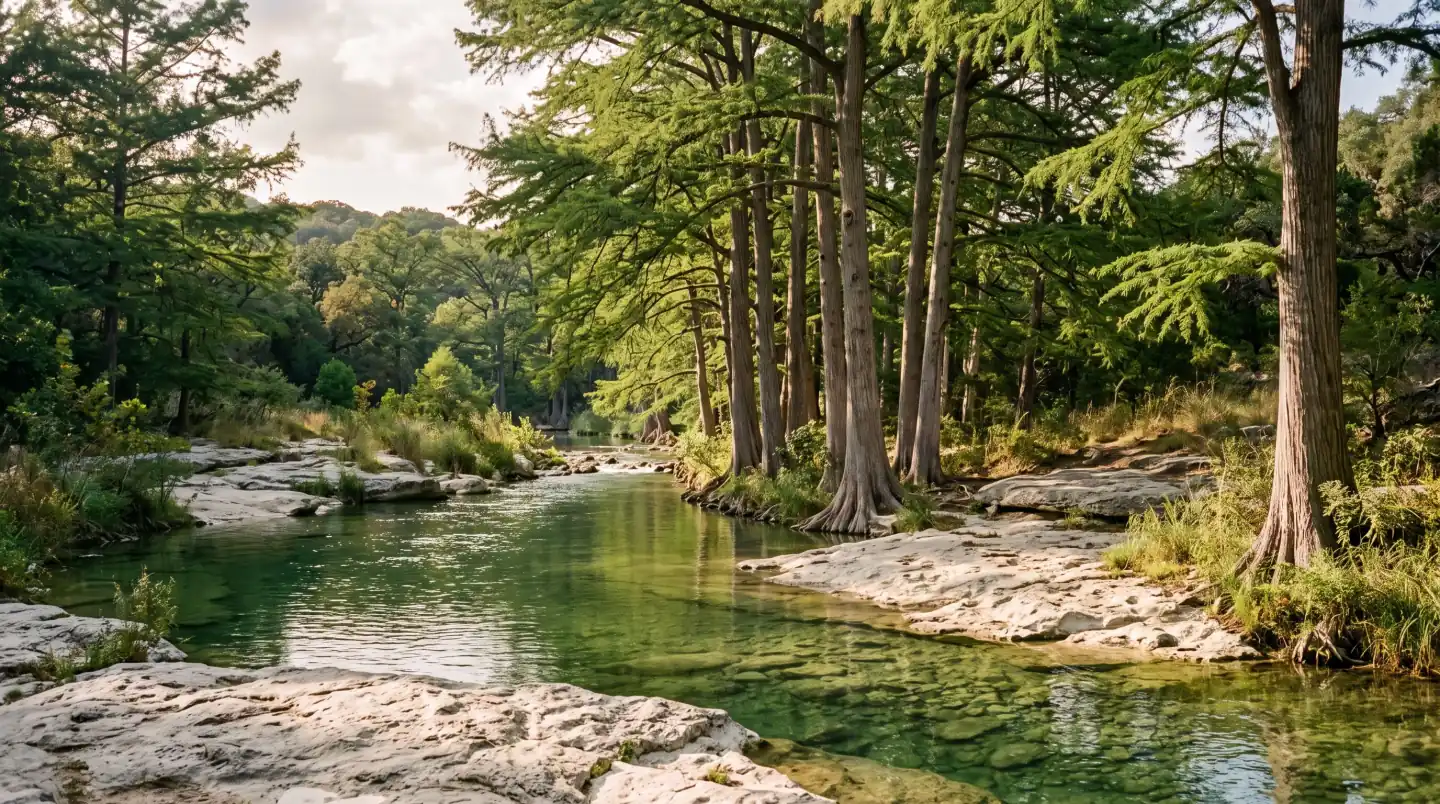 Cypress-lined creek with clear green water and limestone banks